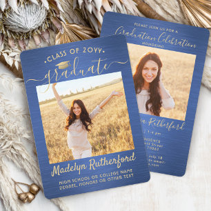 2 Foto Afstuderen Modern Schrift Geborsteld Blauw  Kaart