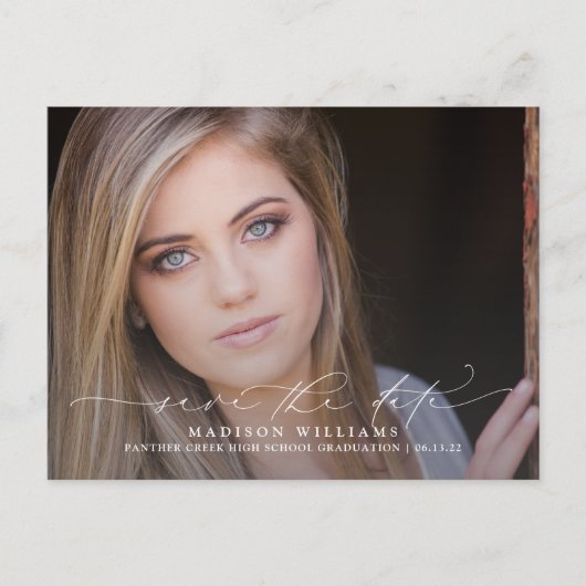 2 Foto Afstuderen Modern Script Save the Date Aankondigingskaart (Voorkant)