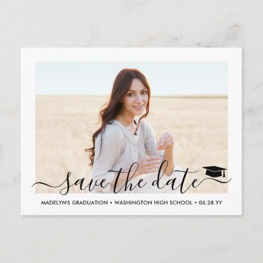 2 Foto Afstuderen Modern Script Save the Date Aankondigingskaart (Voorkant)
