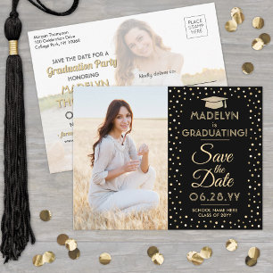 2 Foto Afstuderen Save the Date Black and Gold Aankondigingskaart