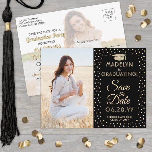 2 Foto Afstuderen Save the Date Black and Gold Aankondigingskaart