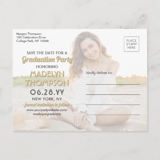 2 Foto Afstuderen Save the Date Black and Gold Aankondigingskaart (Achterkant)