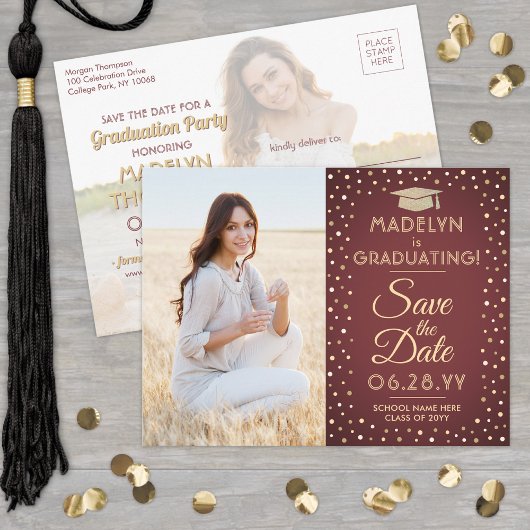 2 Foto Afstuderen Save the Date Burgundy and Gold Aankondigingskaart