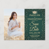 2 Foto Afstuderen Save the Date Green and Gold Aankondigingskaart (Voorkant)