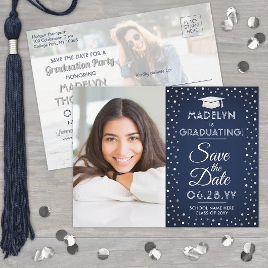 2 Foto Afstuderen Save the Date Navy Blauw & Wit Aankondigingskaart