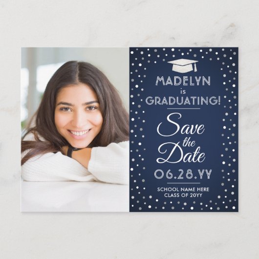 2 Foto Afstuderen Save the Date Navy Blauw & Wit Aankondigingskaart (Voorkant)