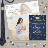 2 Foto Afstuderen Save the Date Navy Blue & Gold Aankondigingskaart