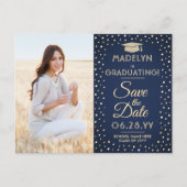 2 Foto Afstuderen Save the Date Navy Blue & Gold Aankondigingskaart (Voorkant)