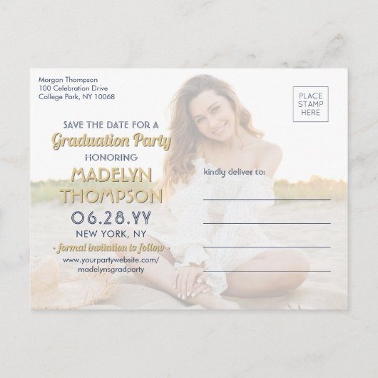2 Foto Afstuderen Save the Date Navy Blue & Gold Aankondigingskaart (Achterkant)