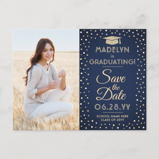 2 Foto Afstuderen Save the Date Navy Blue & Gold Aankondigingskaart (Voorkant)
