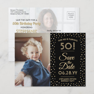 2 Foto Any Age Birthday Gold Black Save the Date Uitnodiging Briefkaart