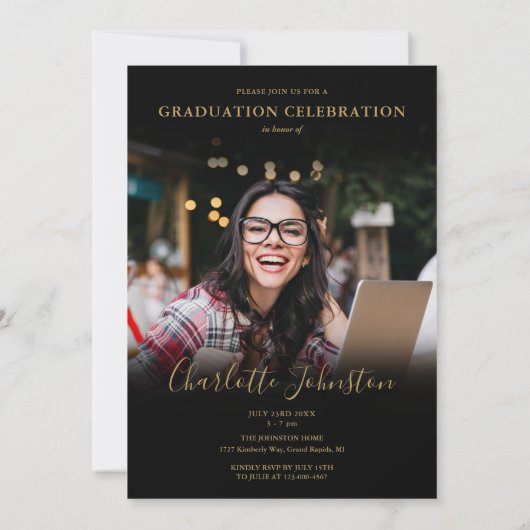 2 Foto Black Gold Script Photo Graduparty Kaart (Achterkant)