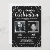 2 Foto: Black Silver Birthday Invitation Kaart (Voorkant)