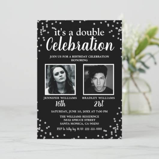 2 Foto: Black Silver Birthday Invitation Kaart (Staand voorkant)