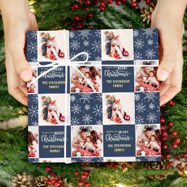 2 Foto Blauw Vrolijk Kerstfeest Cadeaupapier