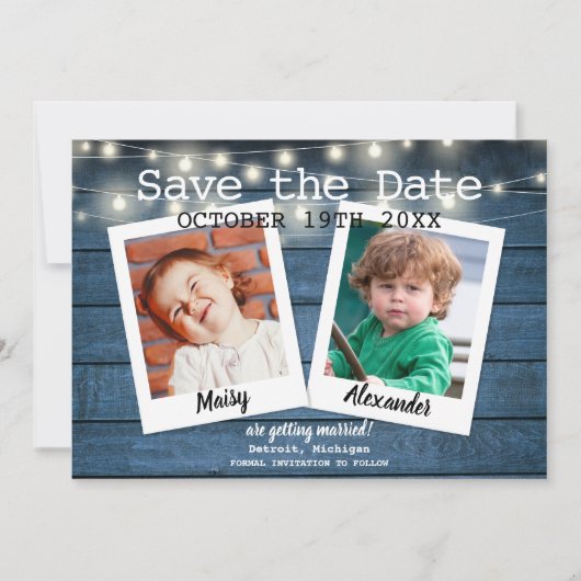 2 Foto Blauwe Rustieke Houten Slingerlichten Save The Date (Voorkant)