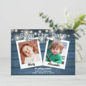 2 Foto Blauwe Rustieke Houten Slingerlichten Save The Date (Staand voorkant)