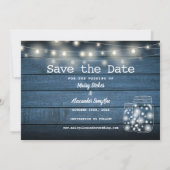 2 Foto Blauwe Rustieke Houten Slingerlichten Save The Date (Achterkant)
