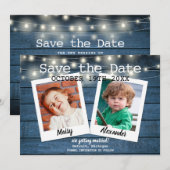 2 Foto Blauwe Rustieke Houten Slingerlichten Save The Date (Voorkant / Achterkant)