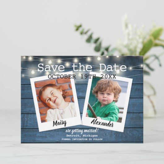 2 Foto Blue Rustic Wood String Lights Save The Date (Staand voorkant)