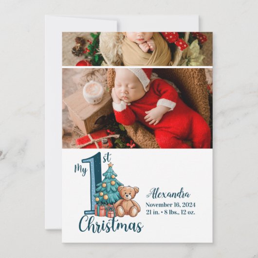 2 Foto Blue Teddy Baby 1st Christmas Feestdagenkaart (Voorkant)