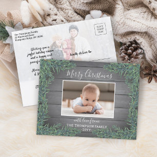 2 Foto Christmas Greenery & Rustic Grey Wood Feestdagenkaart