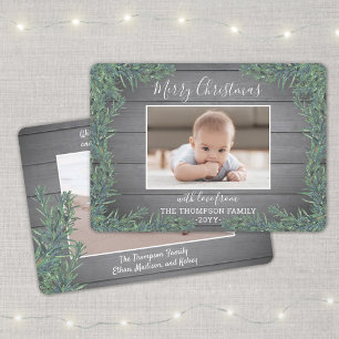2 Foto Christmas Greenery & Rustic Grey Wood Feestdagenkaart