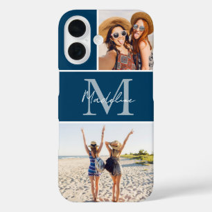 2 Foto Collage Blauwe Monogram  iPhone 16 Hoesje