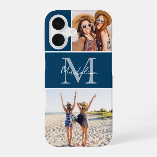 2 Foto Collage Blauwe Monogram iPhone 16 Hoesje (Achterkant)