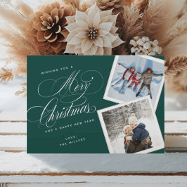 2 foto collage Elegant Script Groen Wit Feestdagenkaart
