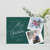 2 foto collage Elegante script groen wit Feestdagenkaart (Staand voorkant)