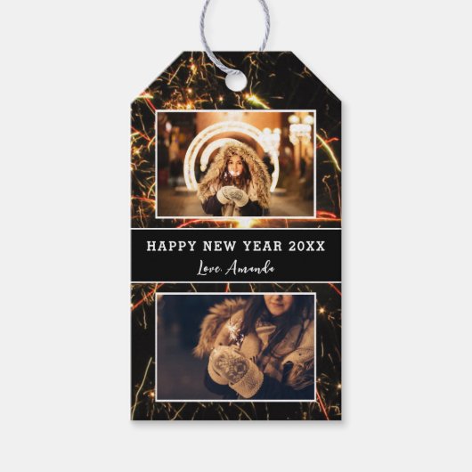 2 Foto Collage Fireworks Happy New Year 2023 Cadeaulabel (Voorkant)