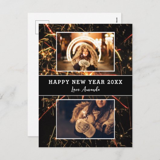 2 Foto Collage Fireworks Happy Nieuwjaar Feestdagenkaart (Voorkant / Achterkant)