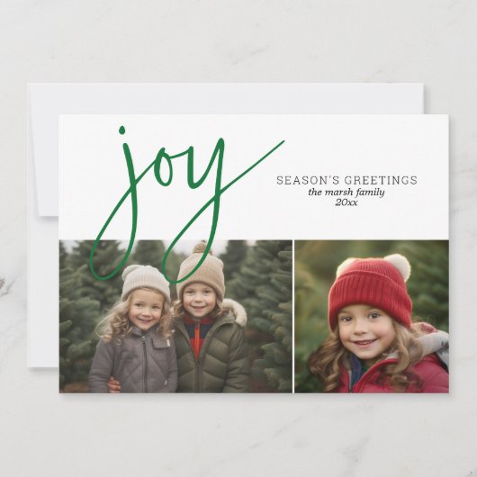 2 Foto Collage Joy Script Season Greeting plaid Feestdagenkaart (Voorkant)