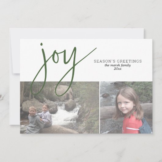 2 Foto Collage Joy Script Season's Greeting Olive Feestdagenkaart (Voorkant)