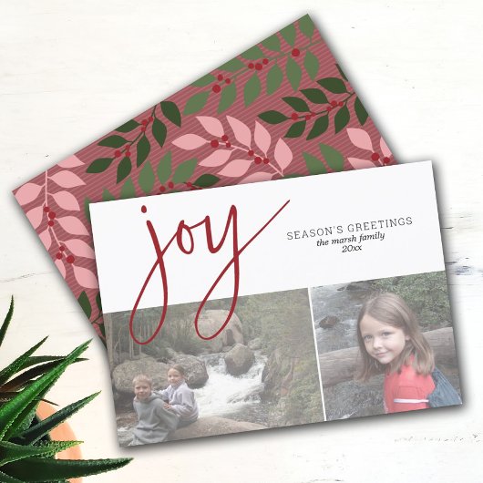 2 Foto Collage Joy Script Season's Greeting roos Feestdagenkaart
