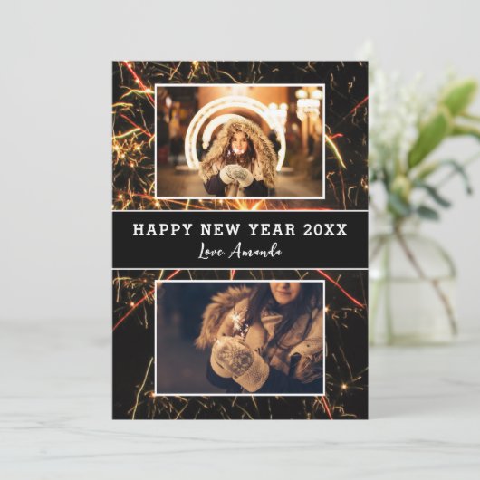 2 foto collage vuurwerk gelukkig nieuwjaar feestdagenkaart (Staand voorkant)