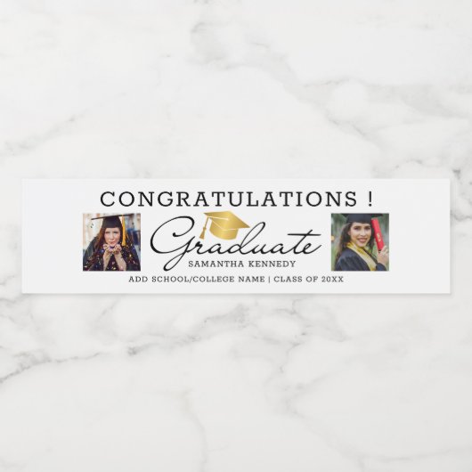 2 Foto Congrats 2025 Afstuderen Zwart Goud Wit Waterfles Etiket (Enkel label)