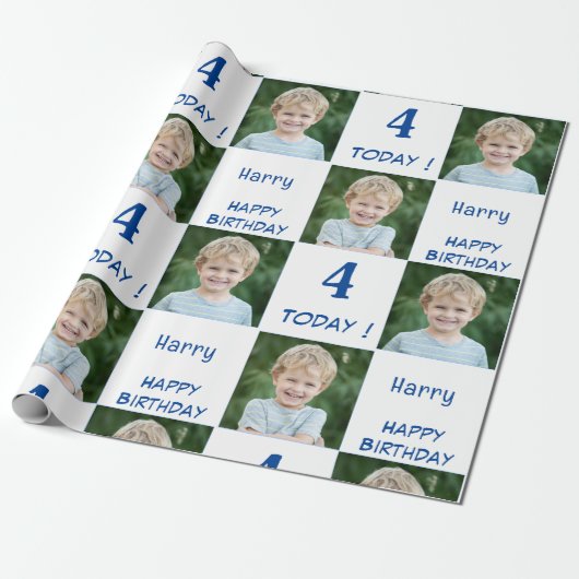 2 Foto Custom Happy Birthday Boy Cadeaupapier (Uitgerold)