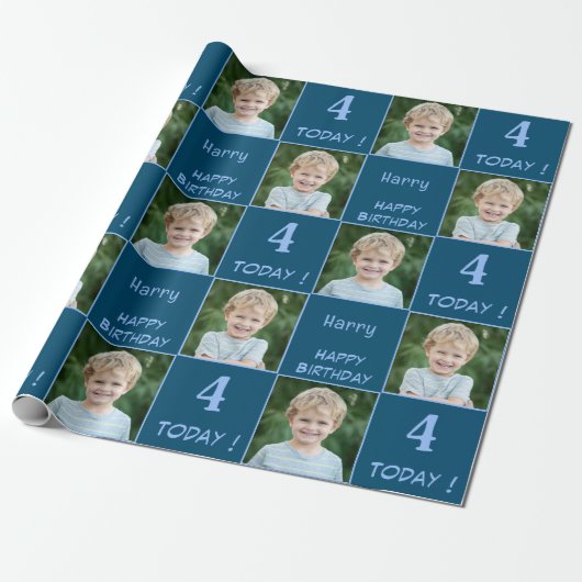 2 Foto Custom Happy Birthday Boy Cadeaupapier (Uitgerold)
