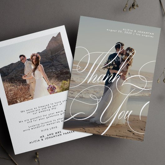 2 foto eenvoudige elegante kalligrafie script brui bedankkaart