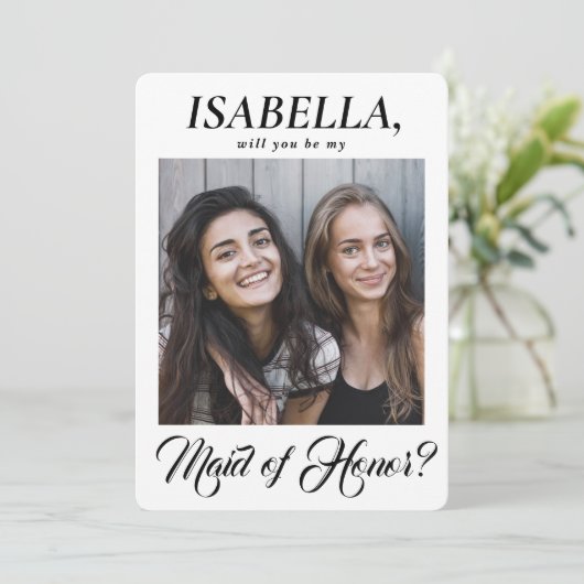 2 Foto Elegant Calligraphy Maid of Honor proposal Kaart (Staand voorkant)