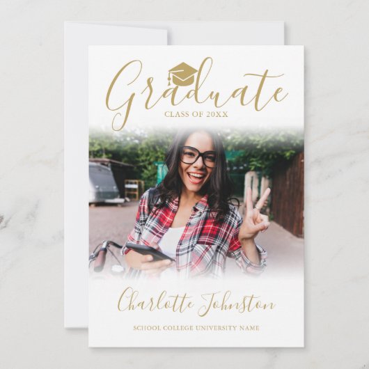2 Foto Elegant Gold Script Photo Graduparty Kaart (Voorkant)