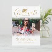2 Foto Elegant Gold Script Photo Graduparty Kaart (Staand voorkant)