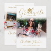 2 Foto Elegant Gold Script Photo Graduparty Kaart (Voorkant / Achterkant)