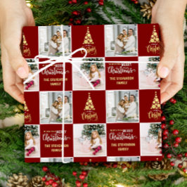 2 Foto Elegant Goud Rood Vrolijk Kerstmis Cadeaupapier