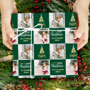 2 Foto Elegant Gouden Groen Vrolijk Kerstfeest Cadeaupapier