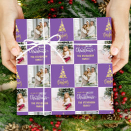 2 foto Elegant Merry Christmas Gold Paarse Cadeaupapier