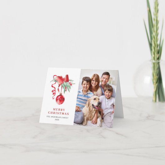 2 FOTO Elegant Rood Ornament Kerst Groet Feestdagen Kaart (Voorkant)