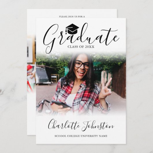 2 Foto Elegant Script Foto Afstudeerfeest Kaart (Voorkant / Achterkant)